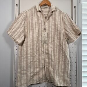 Larsson & Co Jacquard Stripe Short Sleeve Shirt Stone Beige Striped - Large NWT